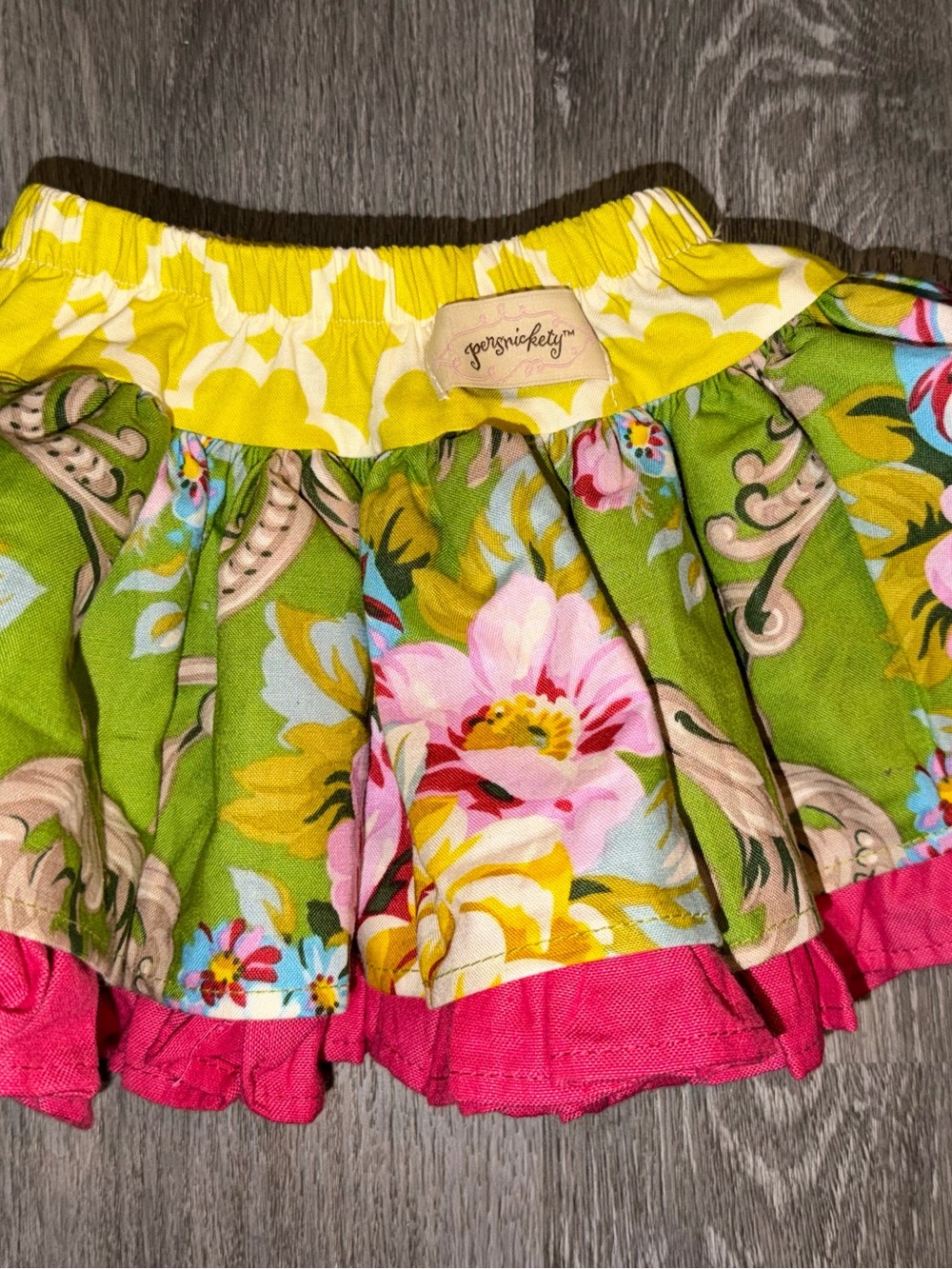 Persnickety Green Floral Skirt with Pink Hem and Yellow Waistband
